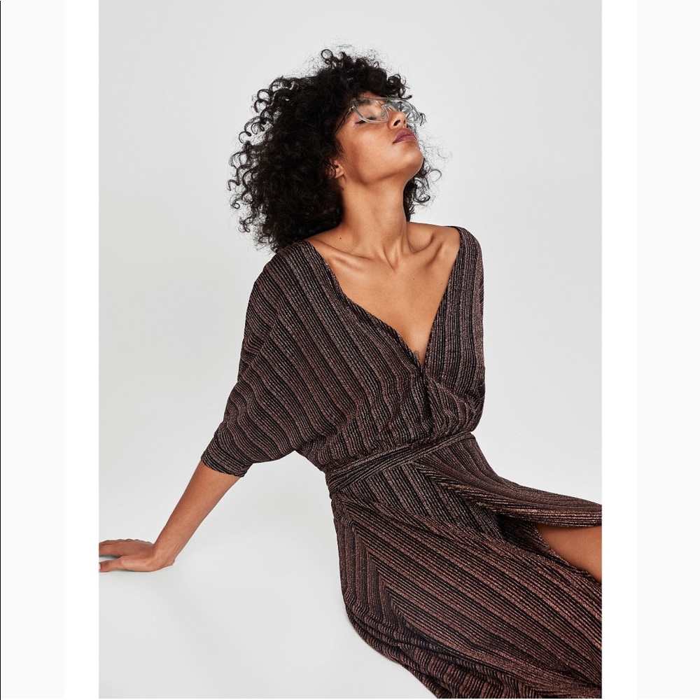 ZARA Shimmery Crossover Metallic Copper Wrap Dress